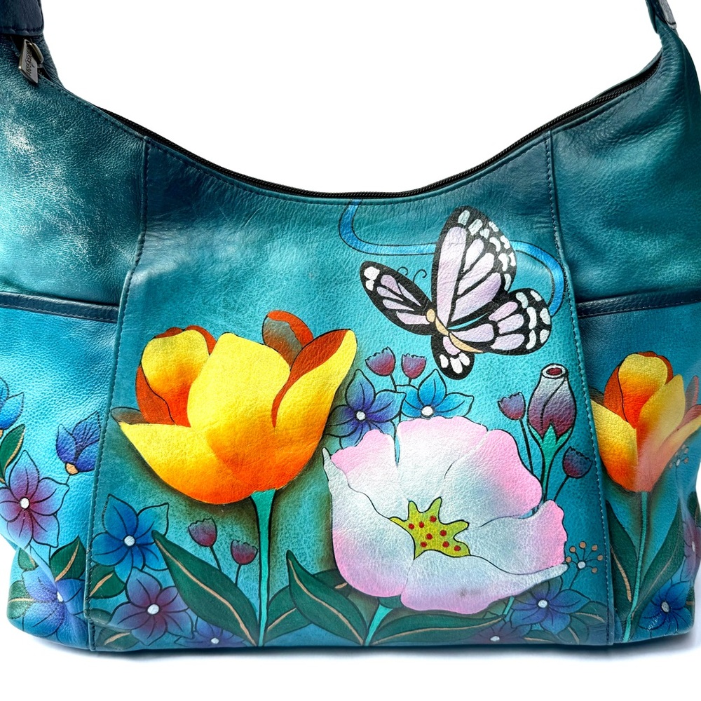 Anuschka Large Hobo Shoulder Bag - Handpainted Butterfly and Flowers